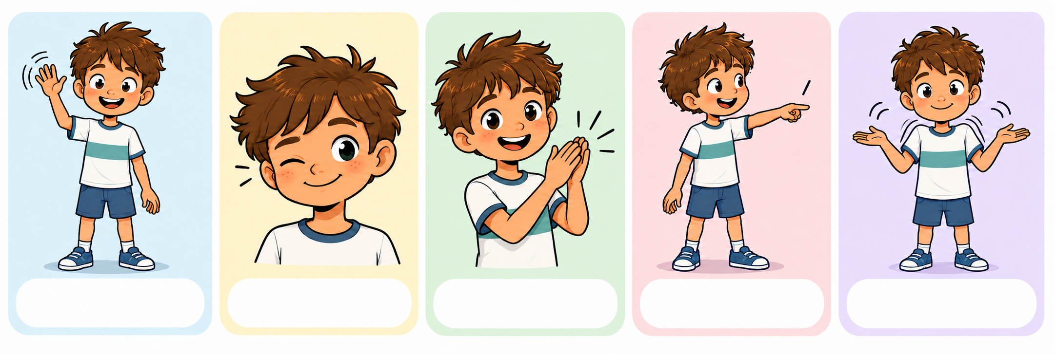 Five pictures showing a boy waving, winking, clapping, pointing and shrugging, with empty fields underneath