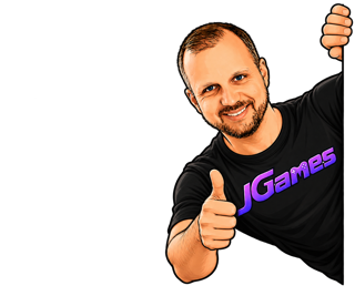 Illustration von Jan, der sich im JGames-Shirt vom rechten Rand ins Bild lehnt