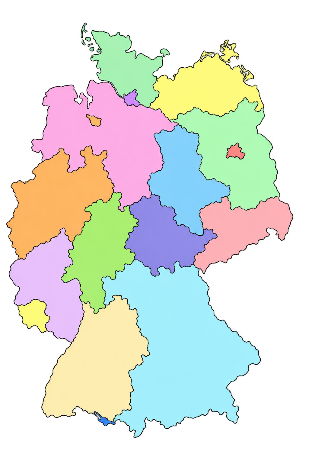 Pastellfarbene Karte Deutschlands mit eingezeichneten Grenzen der 16 Bundesländer