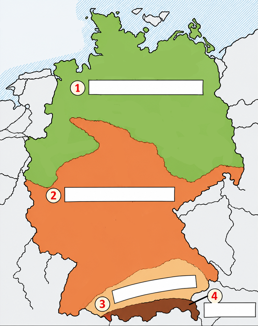 Karte Deutschlands mit vier farbig markierten Großlandschaften