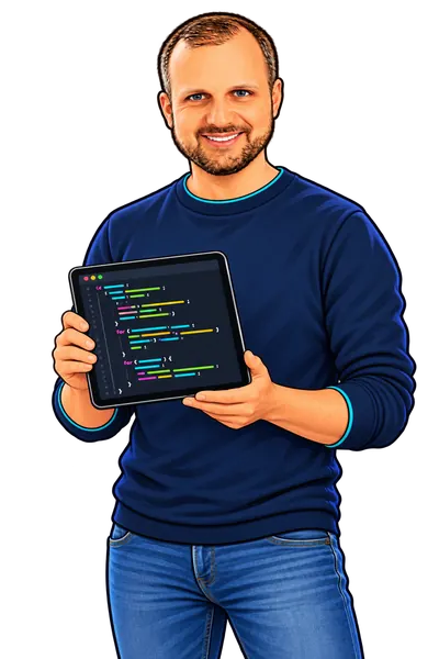Illustration von Jan Gülker mit einem Tablet und Programmiercode