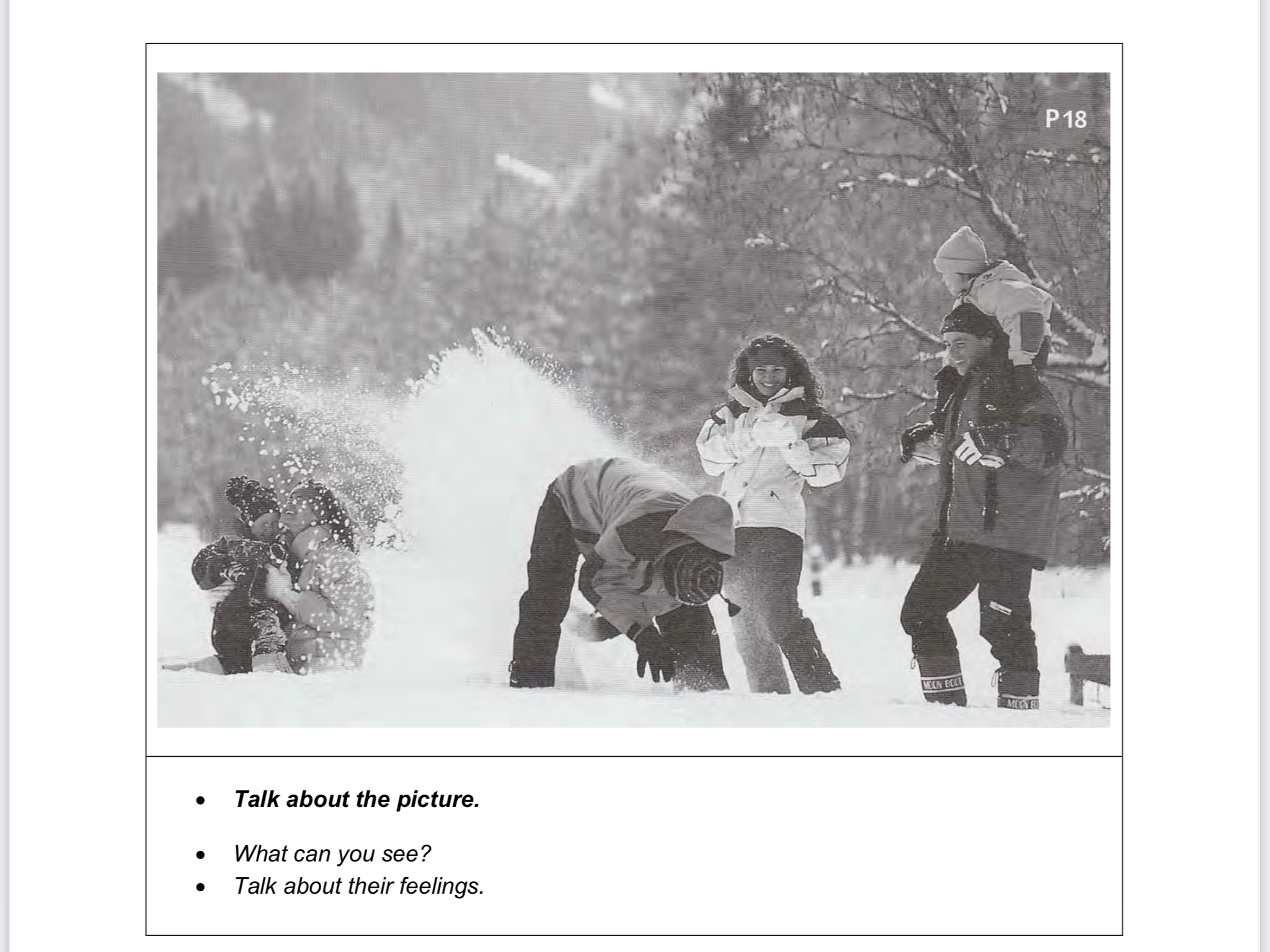 Prüfungsbild mit Menschen im Schnee und Fragen zum Bild